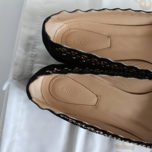 NWT Chloé Black Suede Scalloped Gold Studded Ballet Flat - Picture 10 of 16